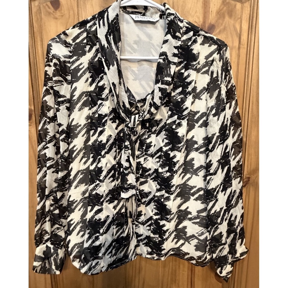 Pendleton Petite Black White Abstract Houndstooth Tie Neck Blouse Career Chic S
